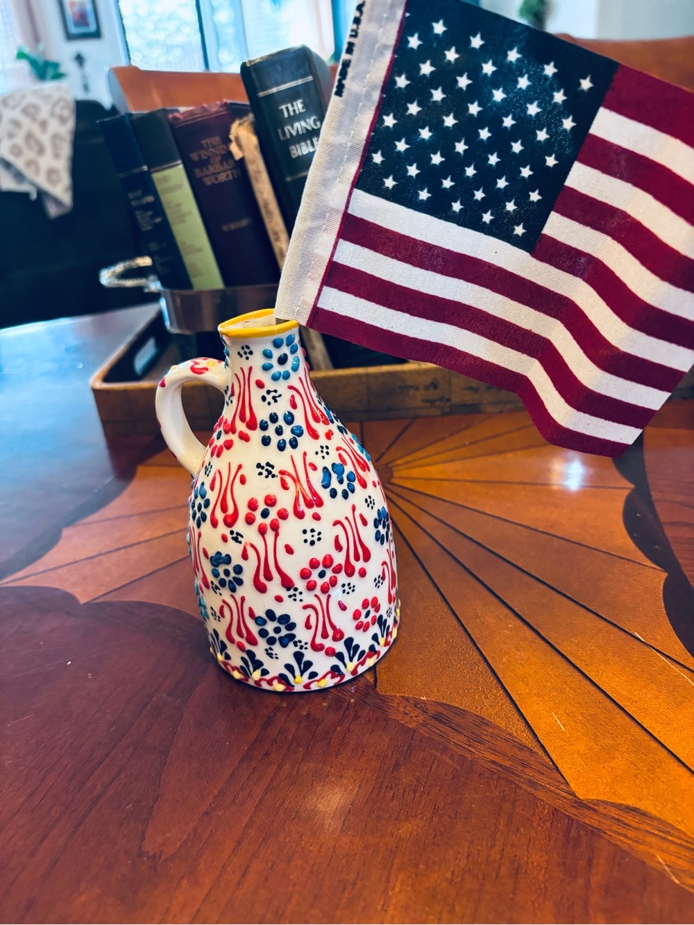 Hand-Painted Red & Blue Ceramic Pitcher Vase